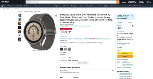  Скидка $180: Samsung Galaxy Watch 5 Pro c LTE доступны на Amazon по акционной цене 
