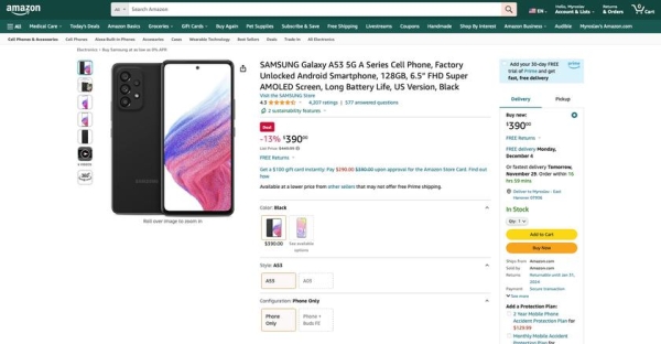  Samsung Galaxy A53 5G c экраном на 120 Гц, чипом Exynos 1280 и защитой IP67 можно купить на Amazon со скидкой $59 