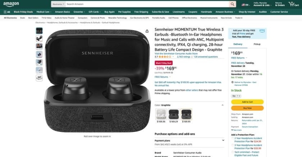  Sennheiser MOMENTUM True Wireless 3 на распродаже Black Friday можно купить за $169 (скидка $110) 