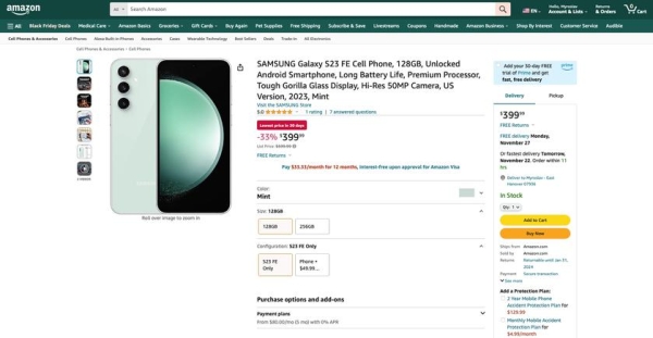  Скидка $200: Samsung Galaxy S23 FE можно купить на распродаже Black Friday по акционной цене 